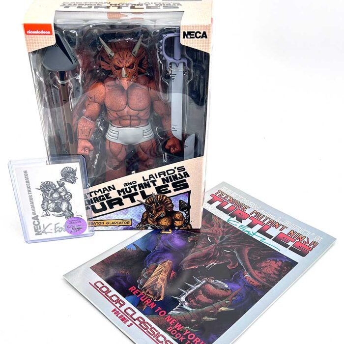 TMNT (Mirage Comics) 7″ Triceraton Gladiator – Signed COA and Hologram Label AND Signed RTNY Book