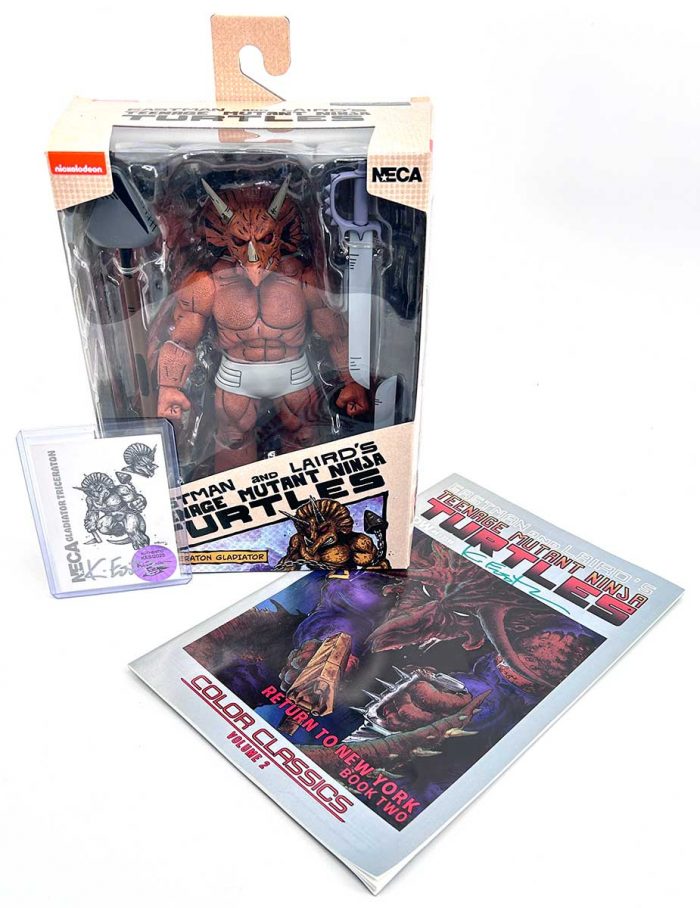 TMNT (Mirage Comics) 7″ Triceraton Gladiator – Signed COA and Hologram Label AND Signed RTNY Book