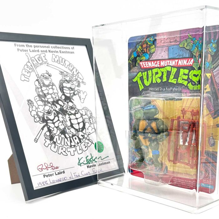 1988 Playmates TMNT Series 1, Softhead Leonardo 10 Back, Mint On An Unpunched Card with a Fan Club Flyer