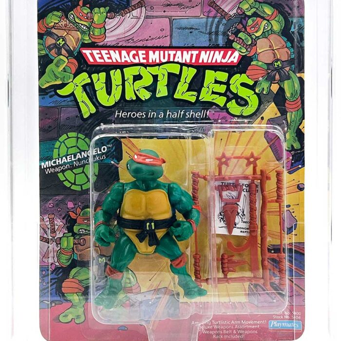 1988 Playmates TMNT Series 1, Softhead Michaelangelo 10 Back, Mint On An Unpunched Card with a Fan Club Flyer