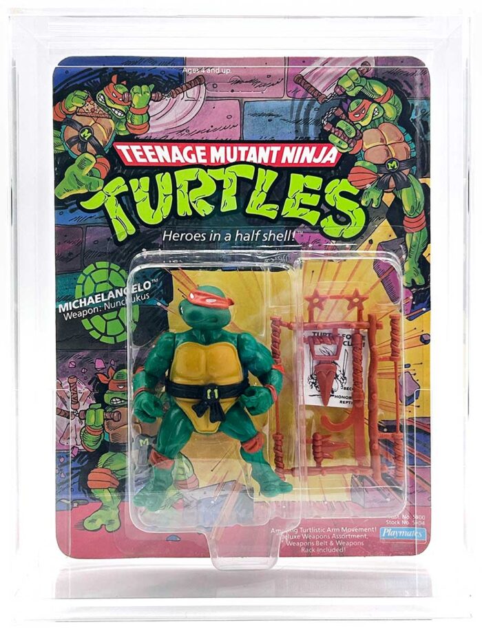 1988 Playmates TMNT Series 1, Softhead Michaelangelo 10 Back, Mint On An Unpunched Card with a Fan Club Flyer