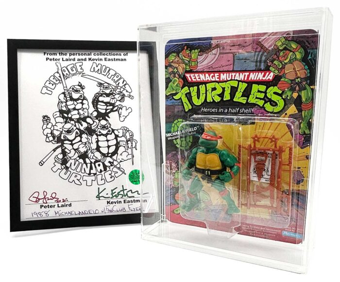 1988 Playmates TMNT Series 1, Softhead Michaelangelo 10 Back, Mint On An Unpunched Card with a Fan Club Flyer