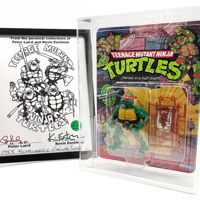 1988 Playmates TMNT Series 1, Softhead Michaelangelo 10 Back, Mint On An Unpunched Card with a Fan Club Flyer