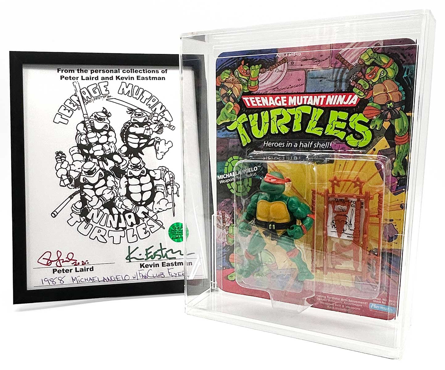 1988 Playmates TMNT Series 1, Softhead Michaelangelo 10 Back, Mint On An Unpunched Card with a Fan Club Flyer