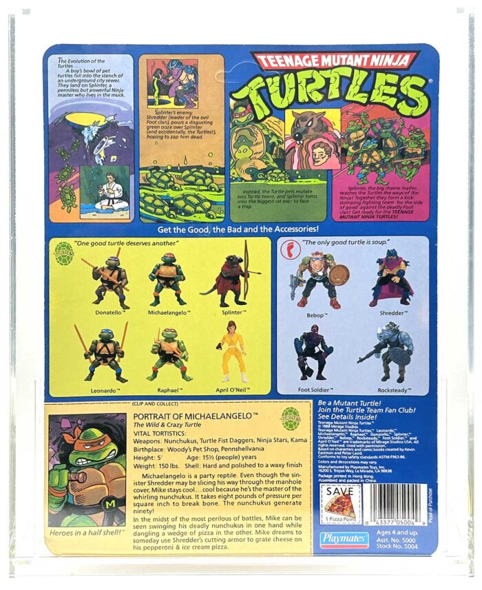 1988 Playmates TMNT Softhead Michaelangelo 10 Back, Mint On An Unpunched Card – Signed with Remarque