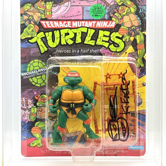 1988 Playmates TMNT Softhead Michaelangelo 10 Back, Mint On An Unpunched Card – Signed with Remarque