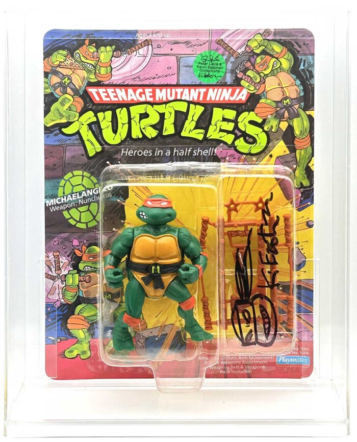 1988 Playmates TMNT Softhead Michaelangelo 10 Back, Mint On An Unpunched Card – Signed with Remarque