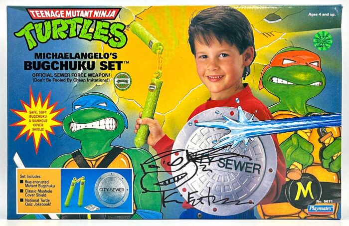 1991 Michaelangelo’s Bugchuku Set (Factory Sealed) with Eastman and Laird Hologram COA AND Signed with Remarque by Kevin Eastman