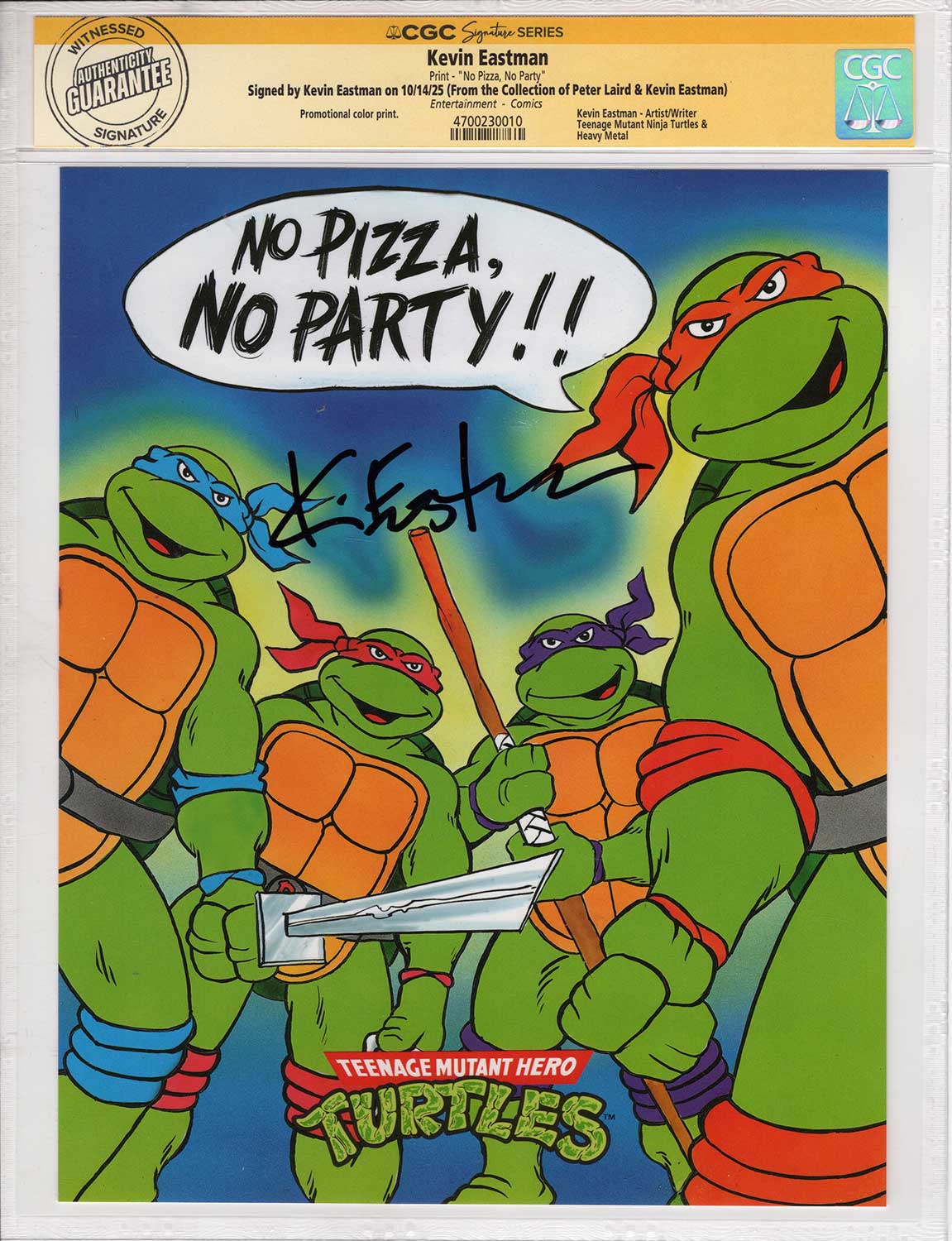 1990 Teenage Mutant Hero Turtles Promotional Colour Print Signed and CGC Signature Series Authenticated No Pizza,No Party