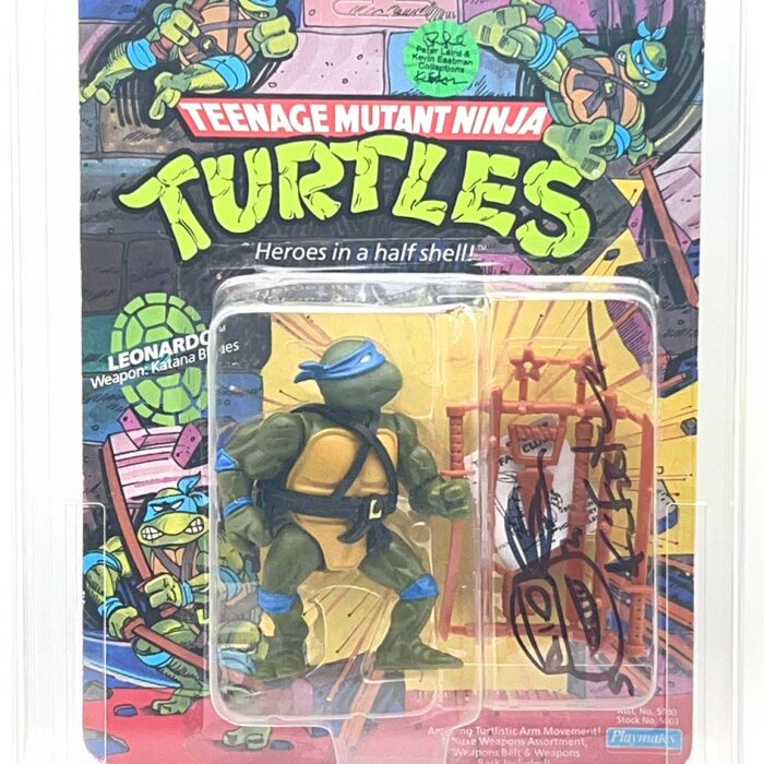 1988 Playmates TMNT Series 1, Softhead Leonardo 10 Back, Mint On An Unpunched Card with a Fan Club Flyer AND signed