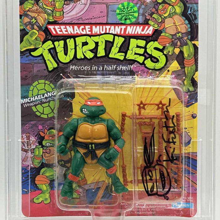 1988 Playmates TMNT Michaelangelo 10 Back, Mint On An Unpunched Card – Signed with Remarque