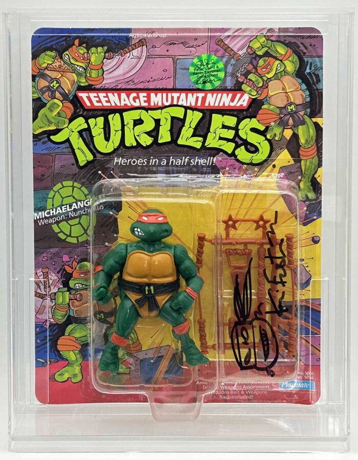 1988 Playmates TMNT Michaelangelo 10 Back, Mint On An Unpunched Card – Signed with Remarque