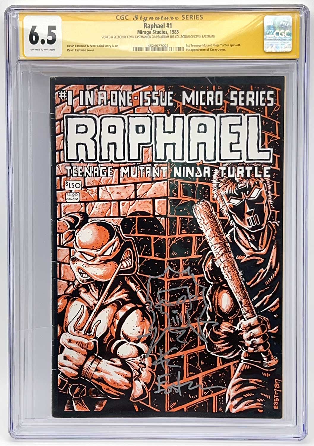TMNT Raphael #1 CGC Graded 6.5 Signed with a Casey Jones head sketch - Cowabunga!!!