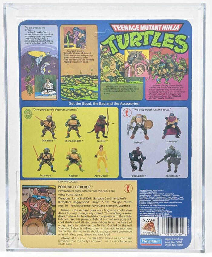 1988 Playmates TMNT Bebop Soft Head Pink Face 10 Back On An Unpunched Card with Laird/Eastman Pedigree AFA 75+ EX+ Near Mint