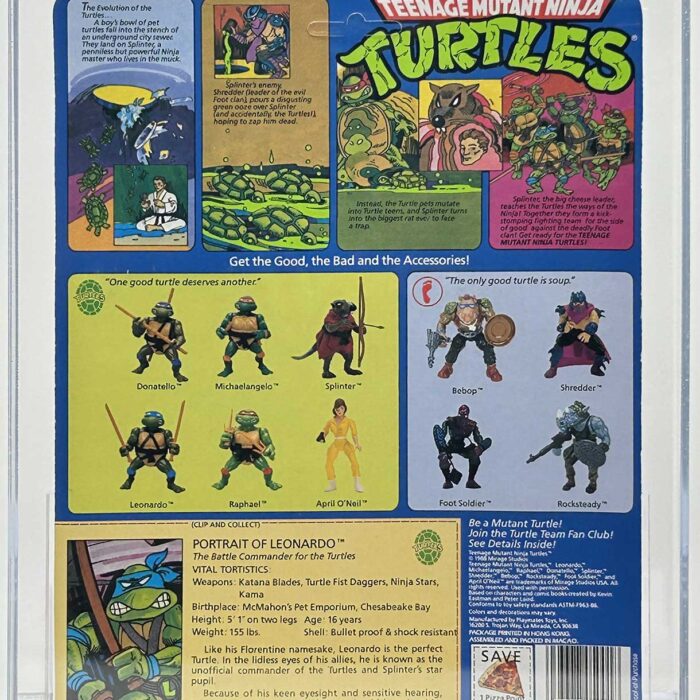 1988 Playmates TMNT Leonardo 10 Back On An Unpunched Card with Laird/Eastman Pedigree AFA 85 Near Mint +